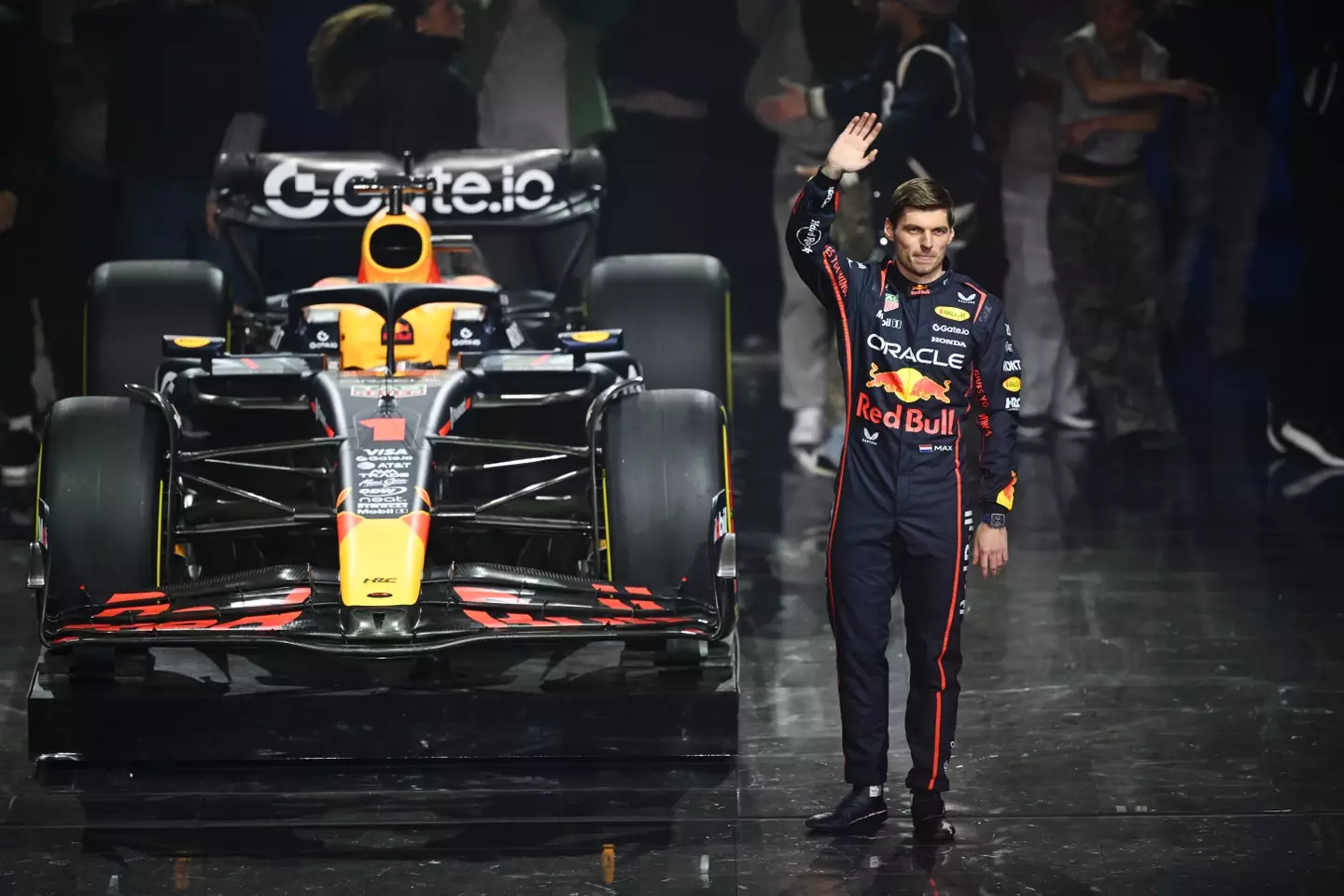 Verstappen waves to the crowd during F1 75 Live at The O2 Arena. Image credit: Getty