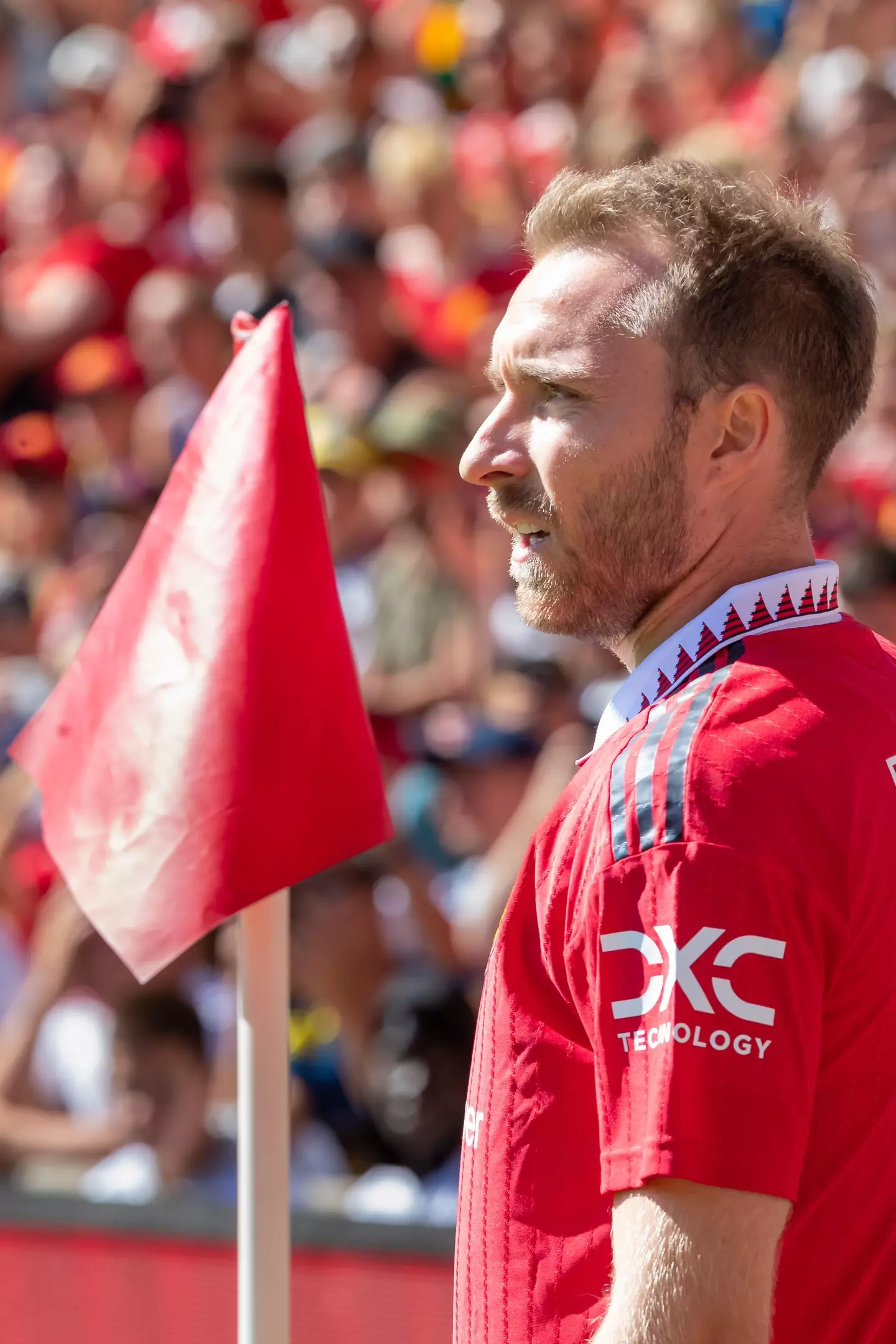 Christian Eriksen next to the Manchester United corner flag. (Alamy)