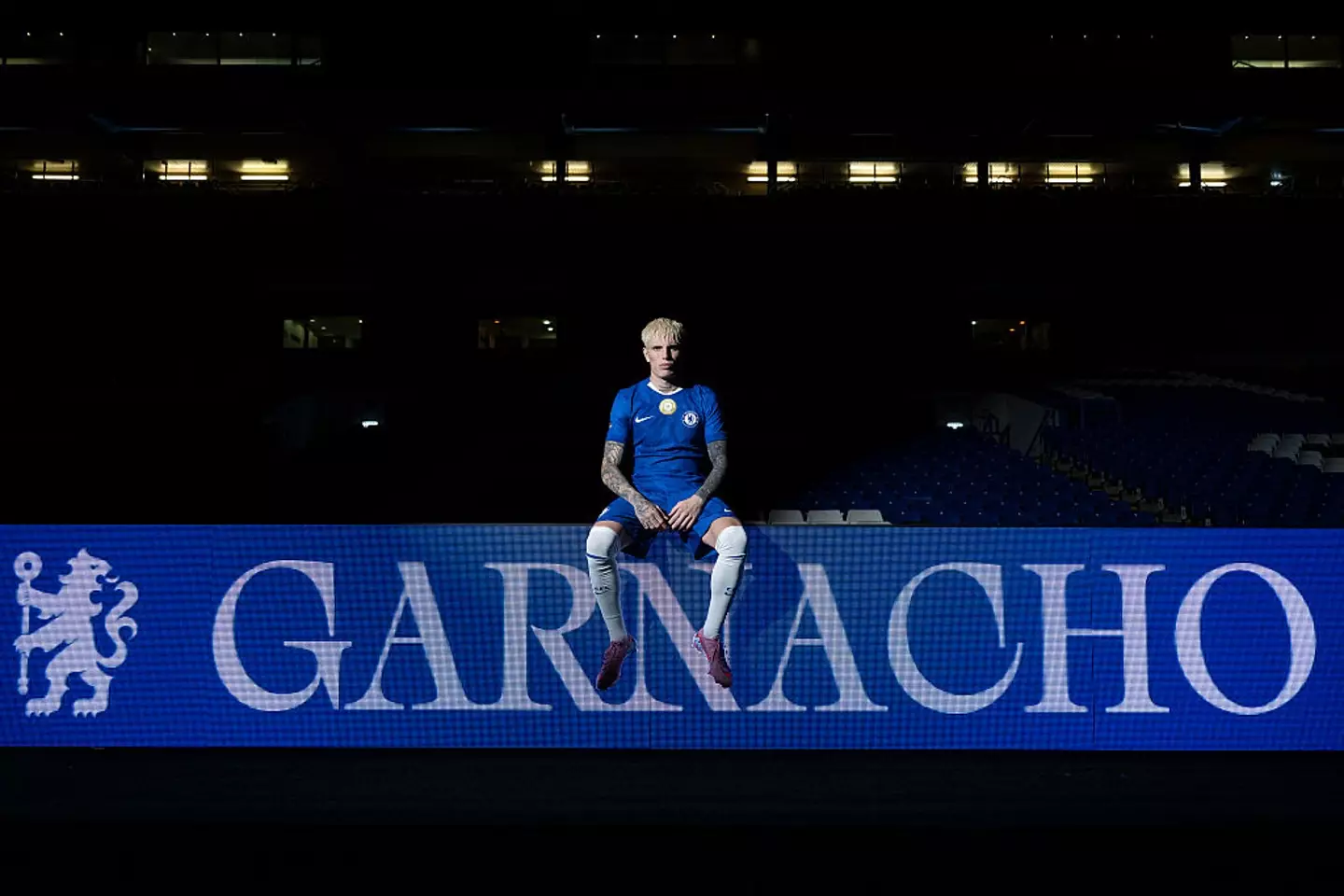 Alejandro Garnacho being presented as a Chelsea player (credit: getty)