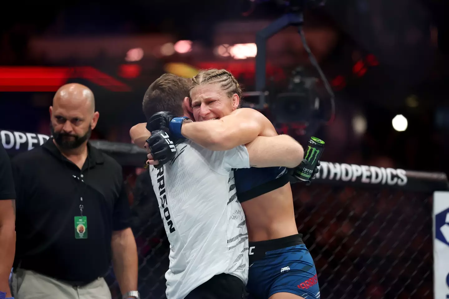 Kayla Harrison celebrates winning the UFC women's bantamweight title at UFC 316. Image: Getty