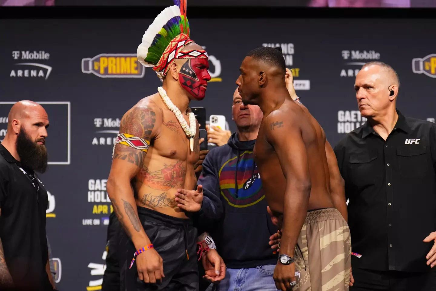 Alex Pereira and Jamahal Hill face off at the UFC 300 weigh-ins. Image: Getty