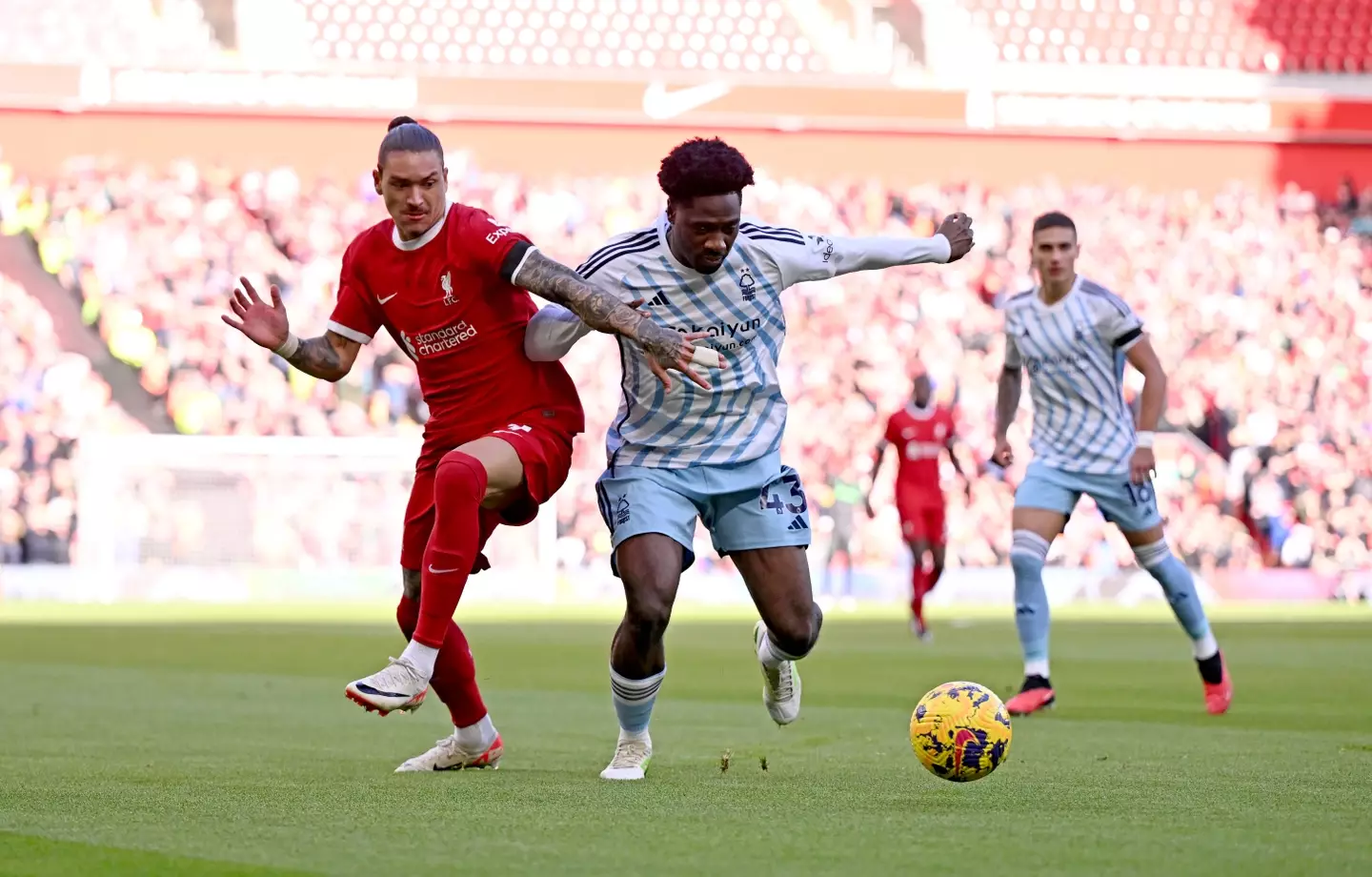 Ola Aina in action for Nottingham Forest against Liverpool. Image: Getty