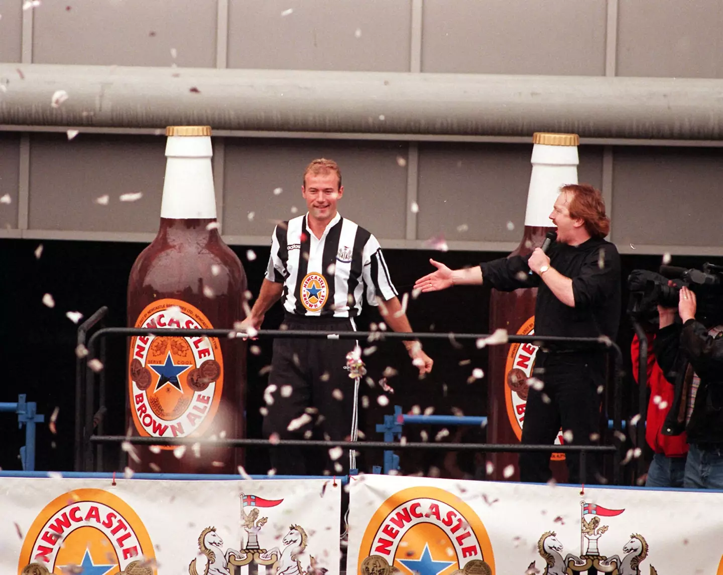 Shearer is introduced to Newcastle United fans after breaking the world record transfer fee in 1996. Image: PA Images