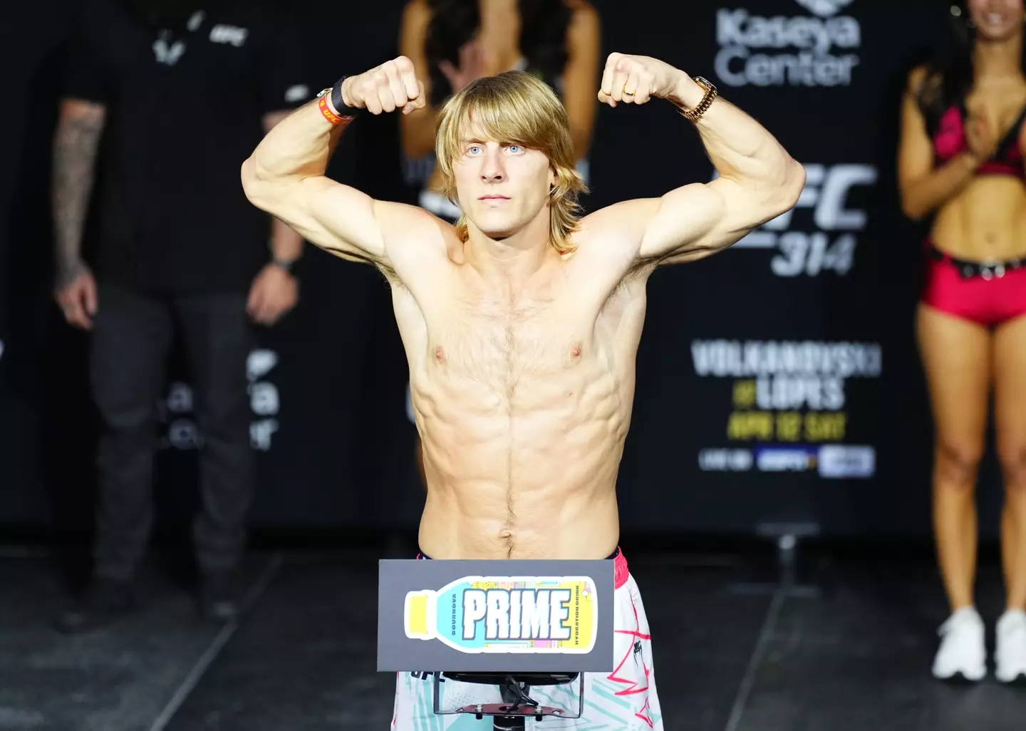 Paddy Pimblett hits the scales at the UFC 314 ceremonial weigh-ins. Image: Getty