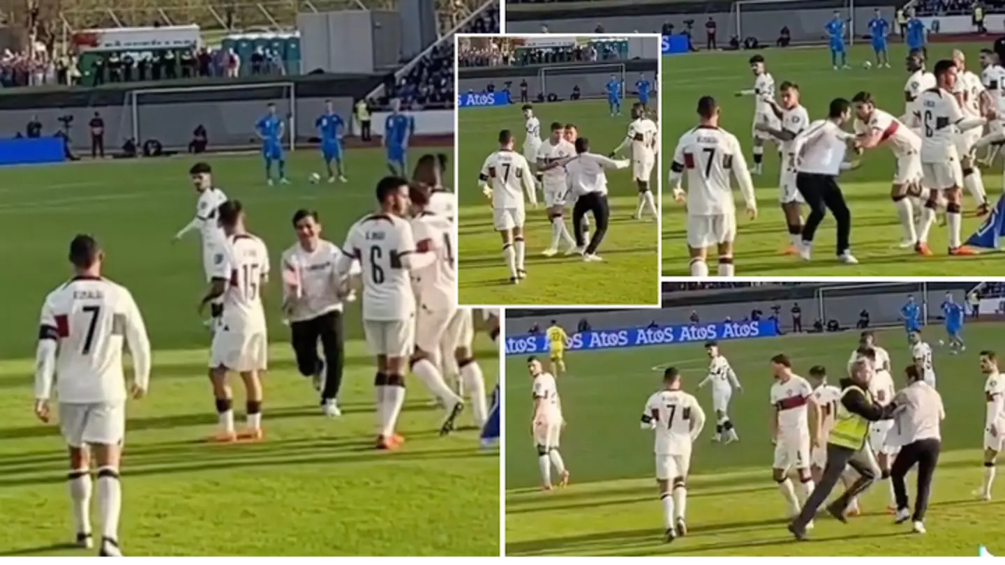 Ruben Dias becomes Cristiano Ronaldo's personal bodyguard as he intercepts pitch invader