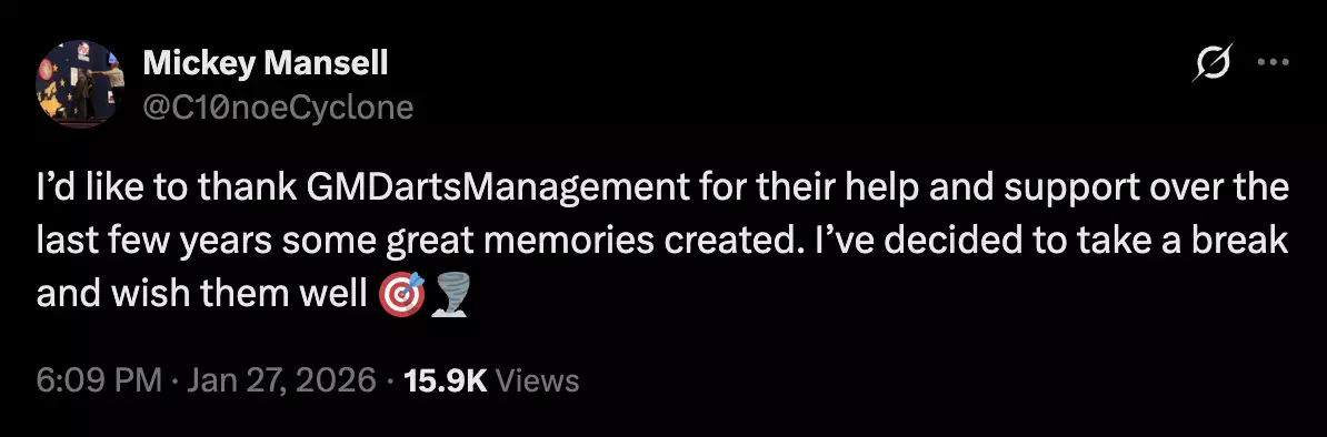 Mansell's post initially caused confusion after his World Masters withdrawal (Image: Twitter/@C10noeCyclone)