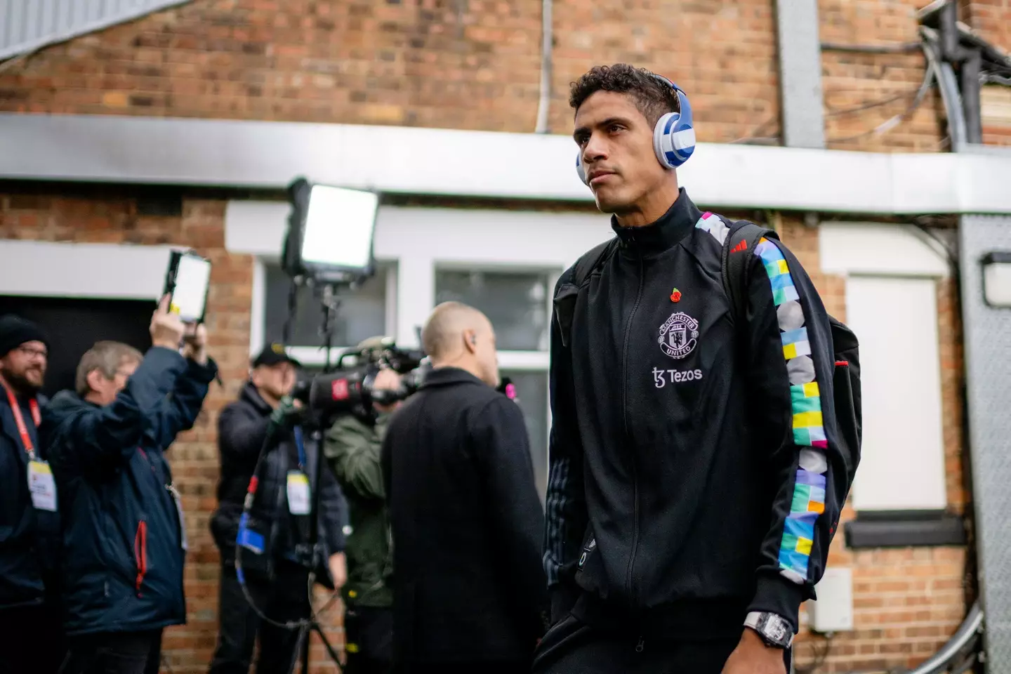 Raphael Varane arrives at Craven Cottage. Image: Getty