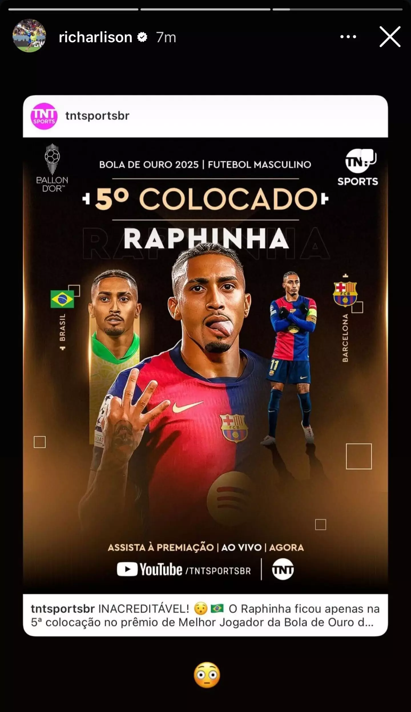 Richarlison was clearly not happy with Raphinha's place in the Ballon d'Or rankings. (Image: Richarlison)