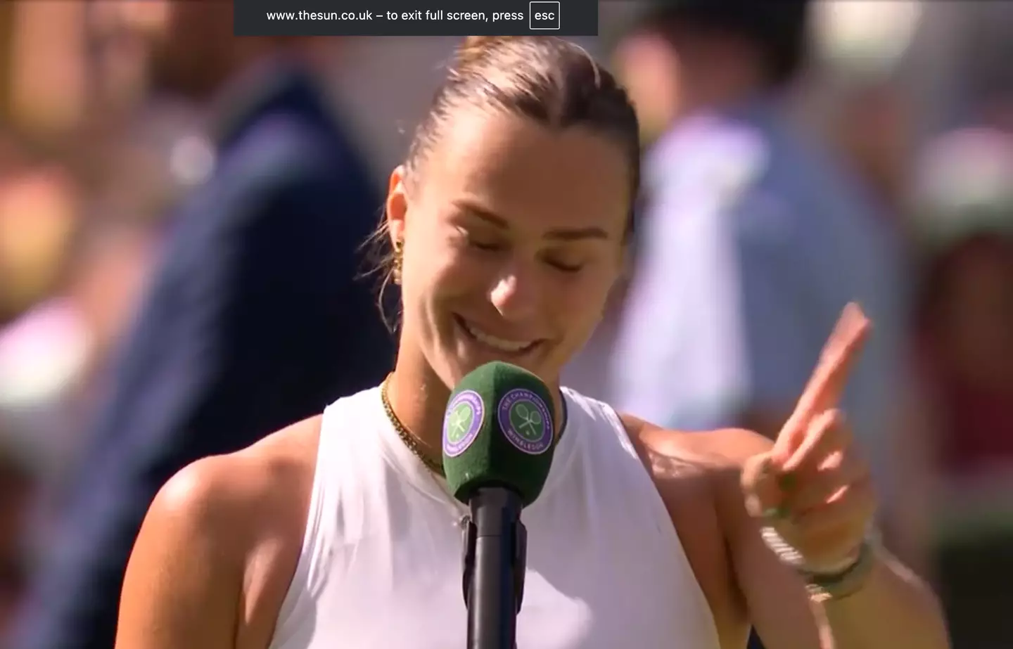 Sabalenka wagged her finger in response to the question. Image credit: BBC