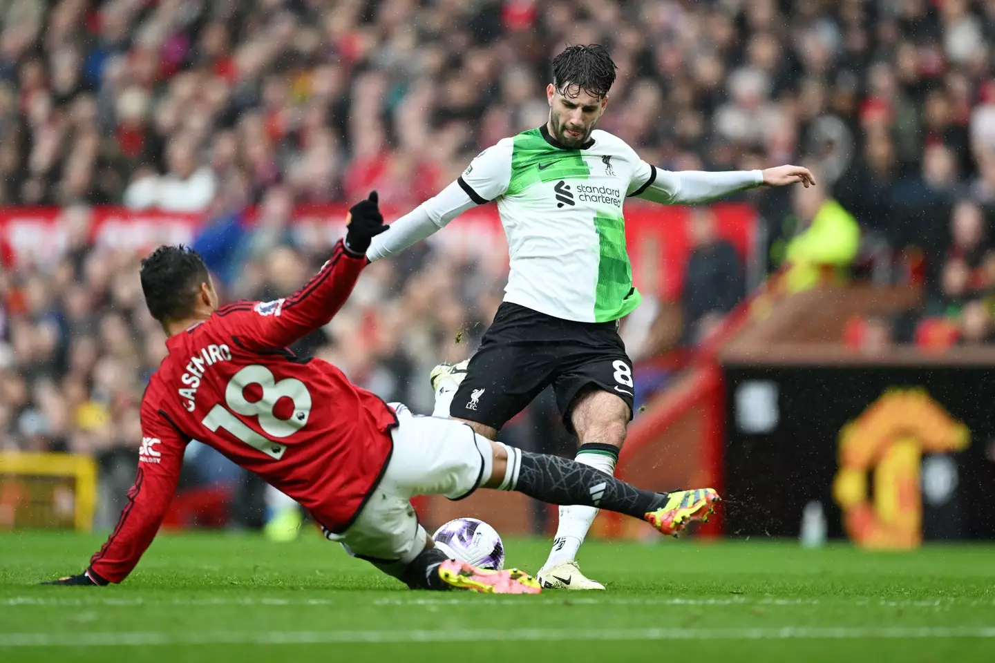 Dominik Szoboszlai in action against Manchester United. Image: Getty 