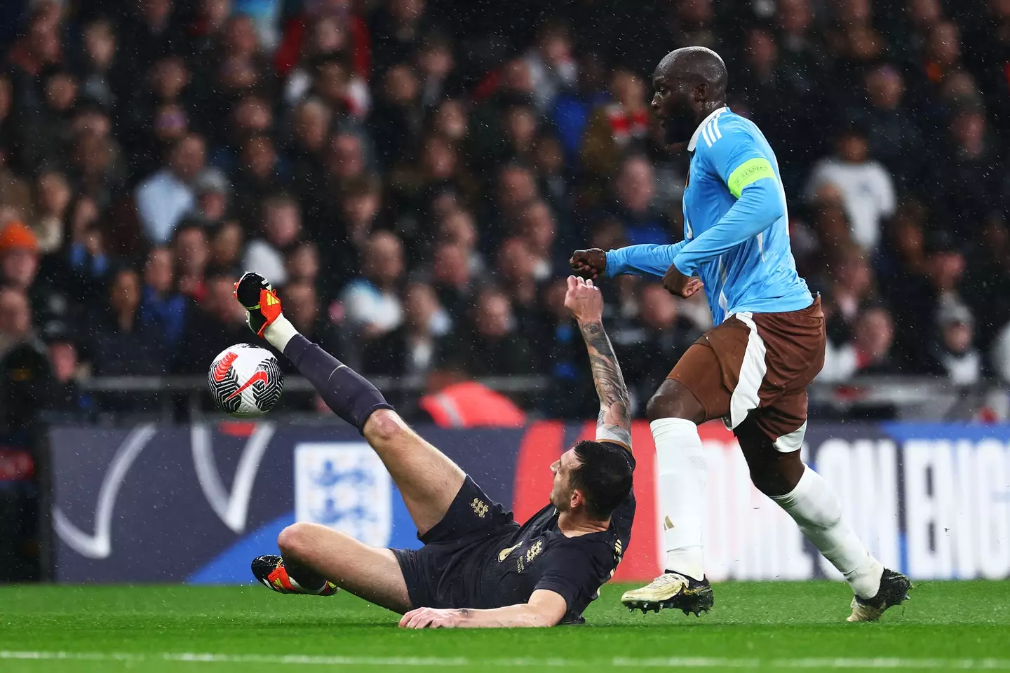 Romelu Lukaku onto a mistake from Lewis Dunk. Image: Getty 