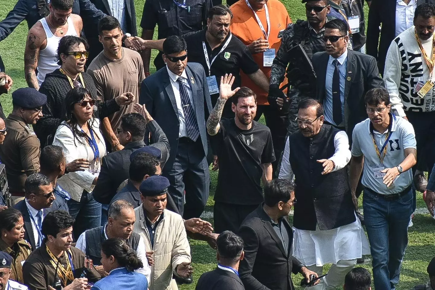Messi attends the event at Salt Lake Stadium alongside Luis Suarez and Rodrigo de Paul. Image credit: Getty