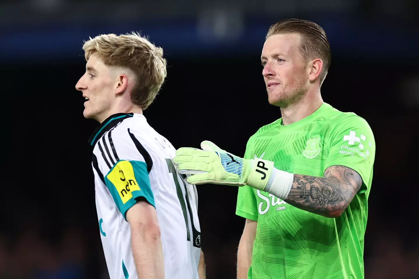 Anthony Gordon after having his penalty saved by Jordan Pickford. (