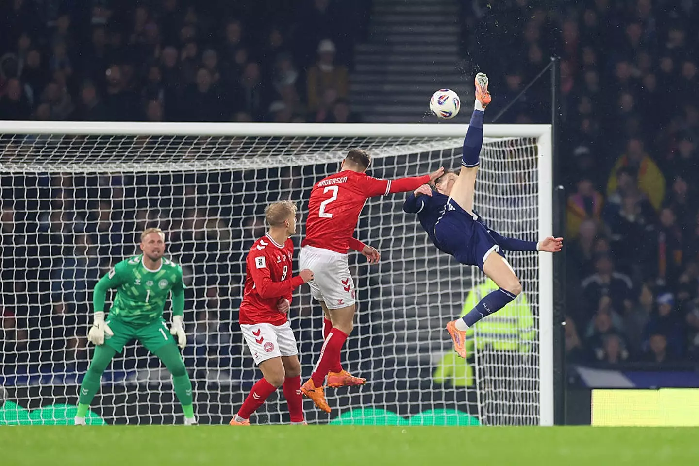 McTominay's bicycle kick put Scotland ahead against Denmark. (Image: Stu Forster/Getty Images)