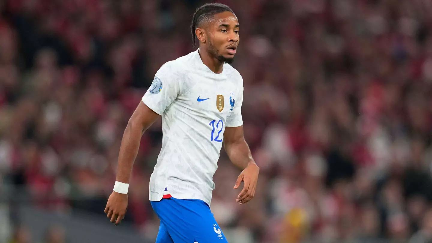 Christopher Nkunku (France) looks on during Denmark and France at Parken, Copenhagen. (Alamy)