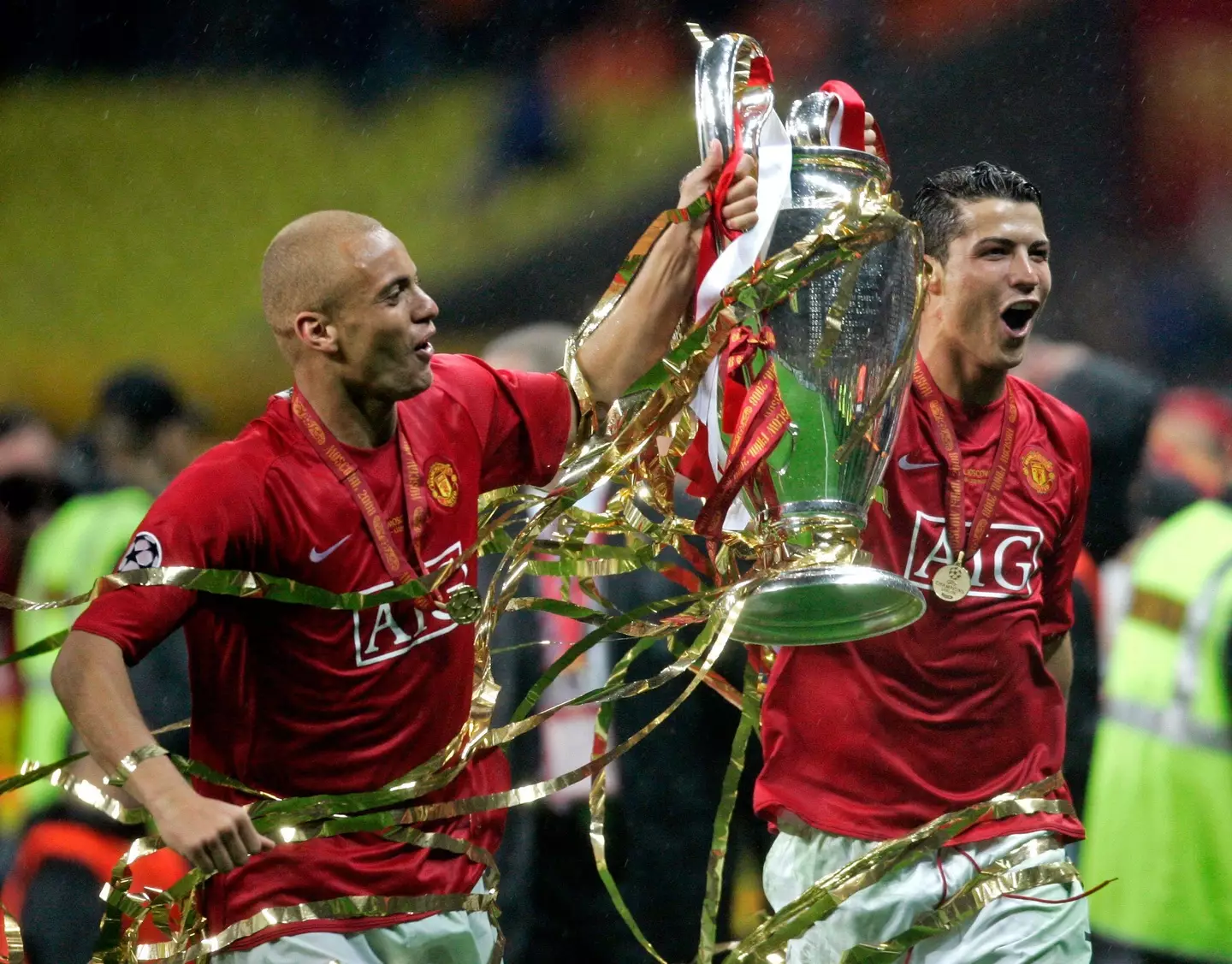 Cristiano Ronaldo and Wes Brown celebrate winning the 2008 Champions League final. (Alamy)