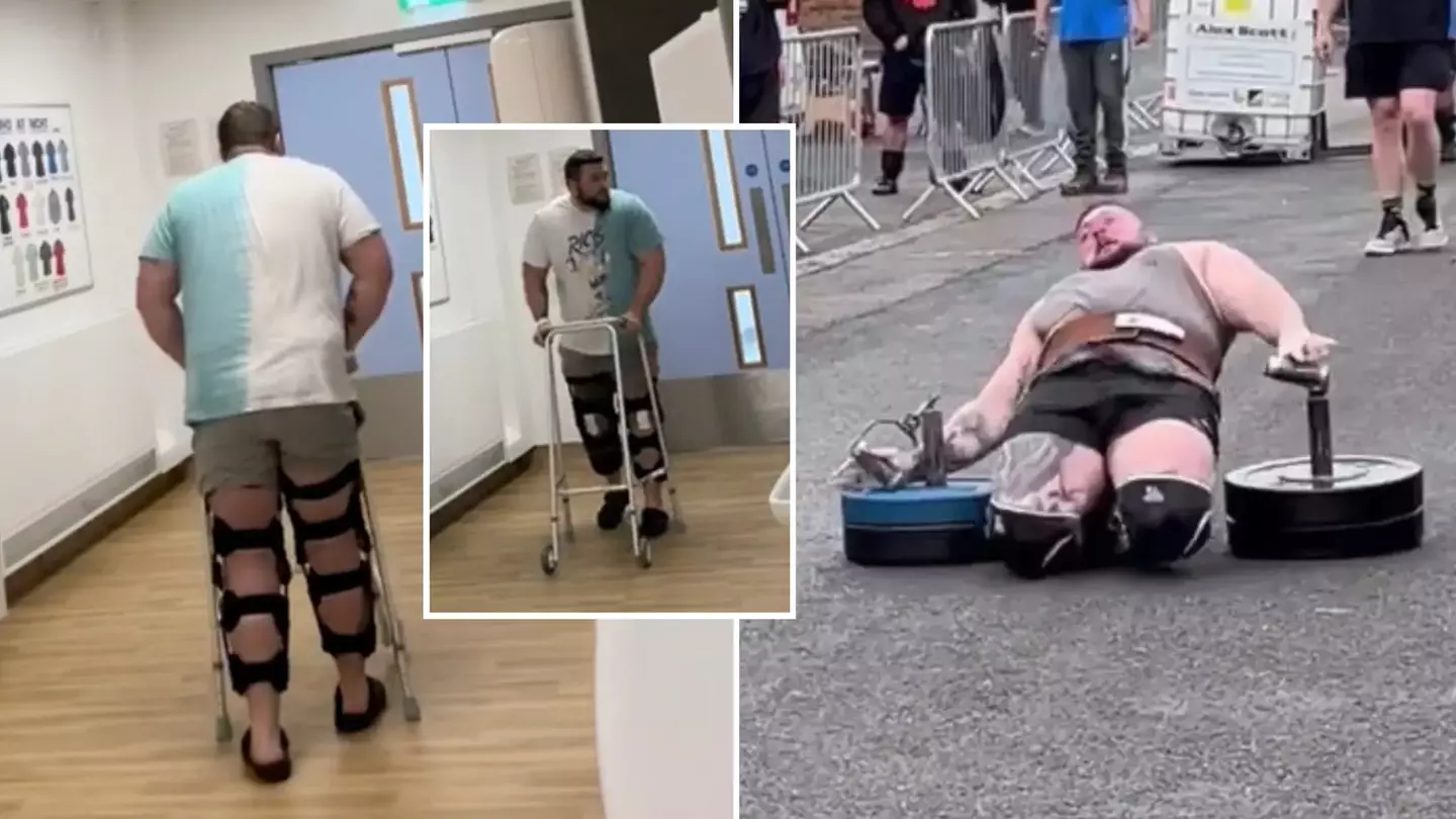 Strongman gives update from hospital after snapping both tendons causing kneecaps to 'shoot up into his thighs'