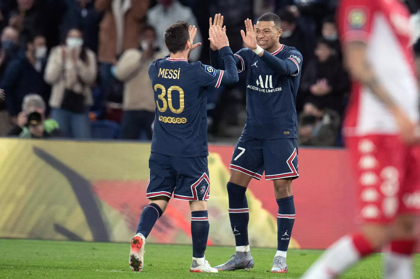 Lionel Messi and Kylian Mbappe celebrate a Paris Saint-Germain goal. Image: Alamy
