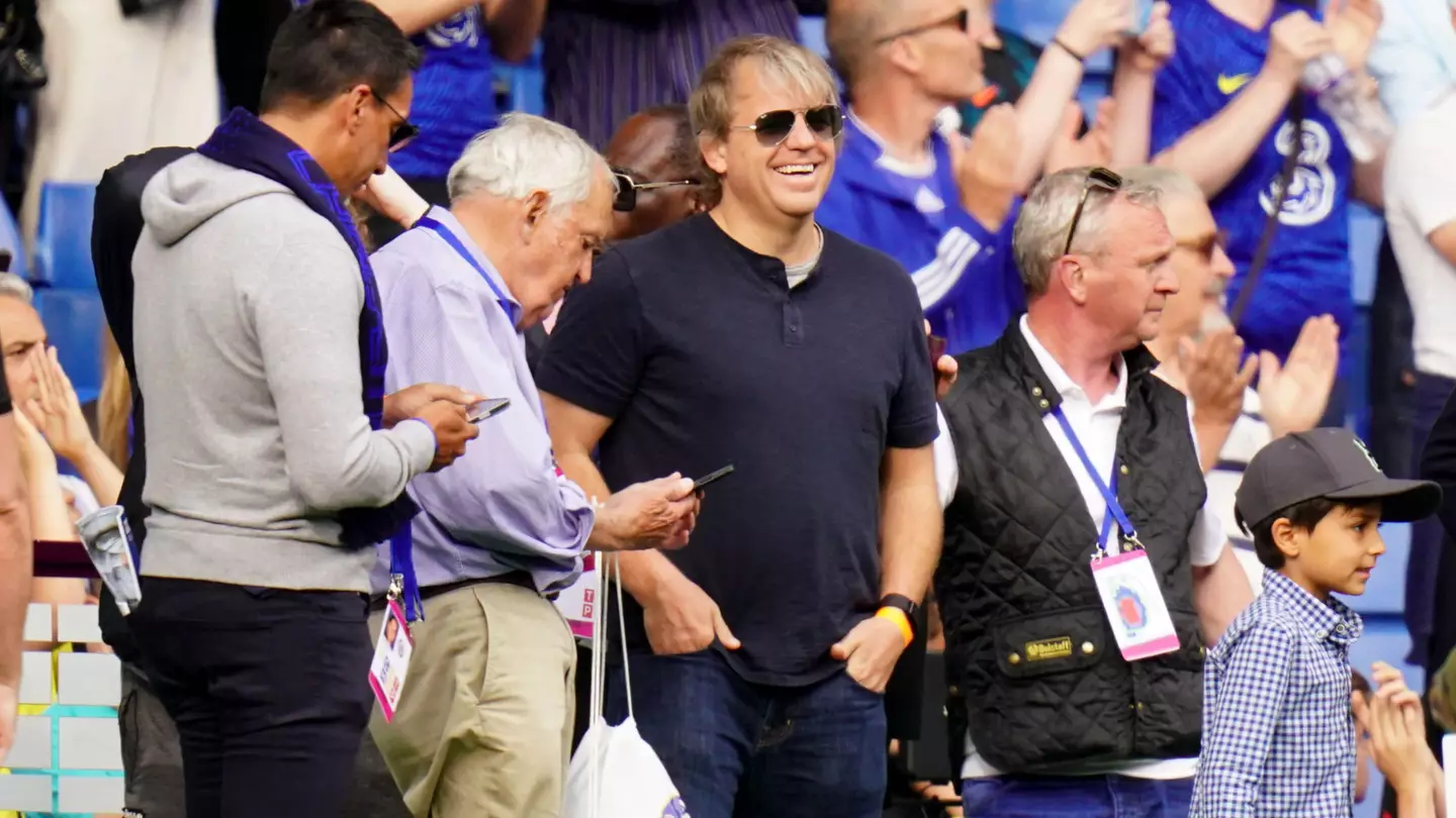 Chelsea co-owner Todd Boehly (centre) at the side of the pitch after the Premier League match at Stamford Bridge, London. (Alamy)