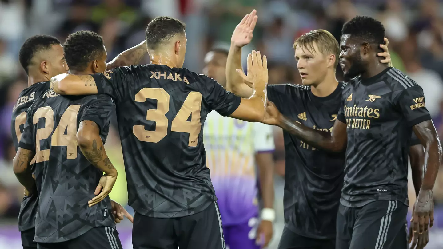 Arsenal teammates celebrate a goal during the Florida Cup Series Orlando City vs Arsenal FC. (Alamy)