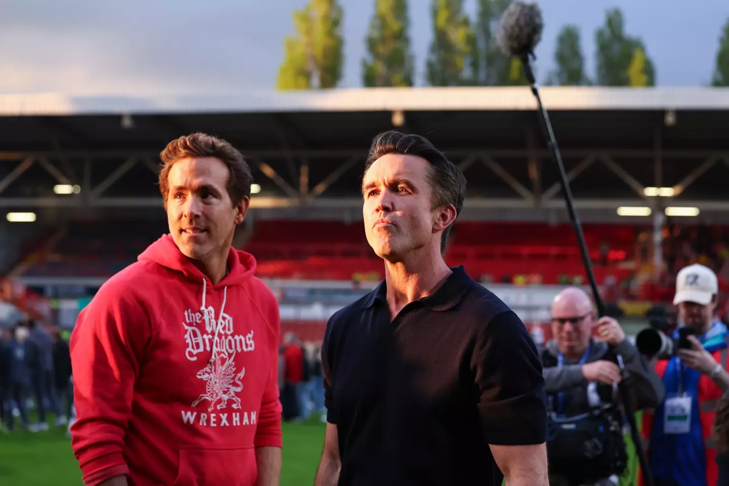 Ryan Reynolds and Rob Mac dream of Wrexham playing in the Premier League following their new investment. Image: Getty