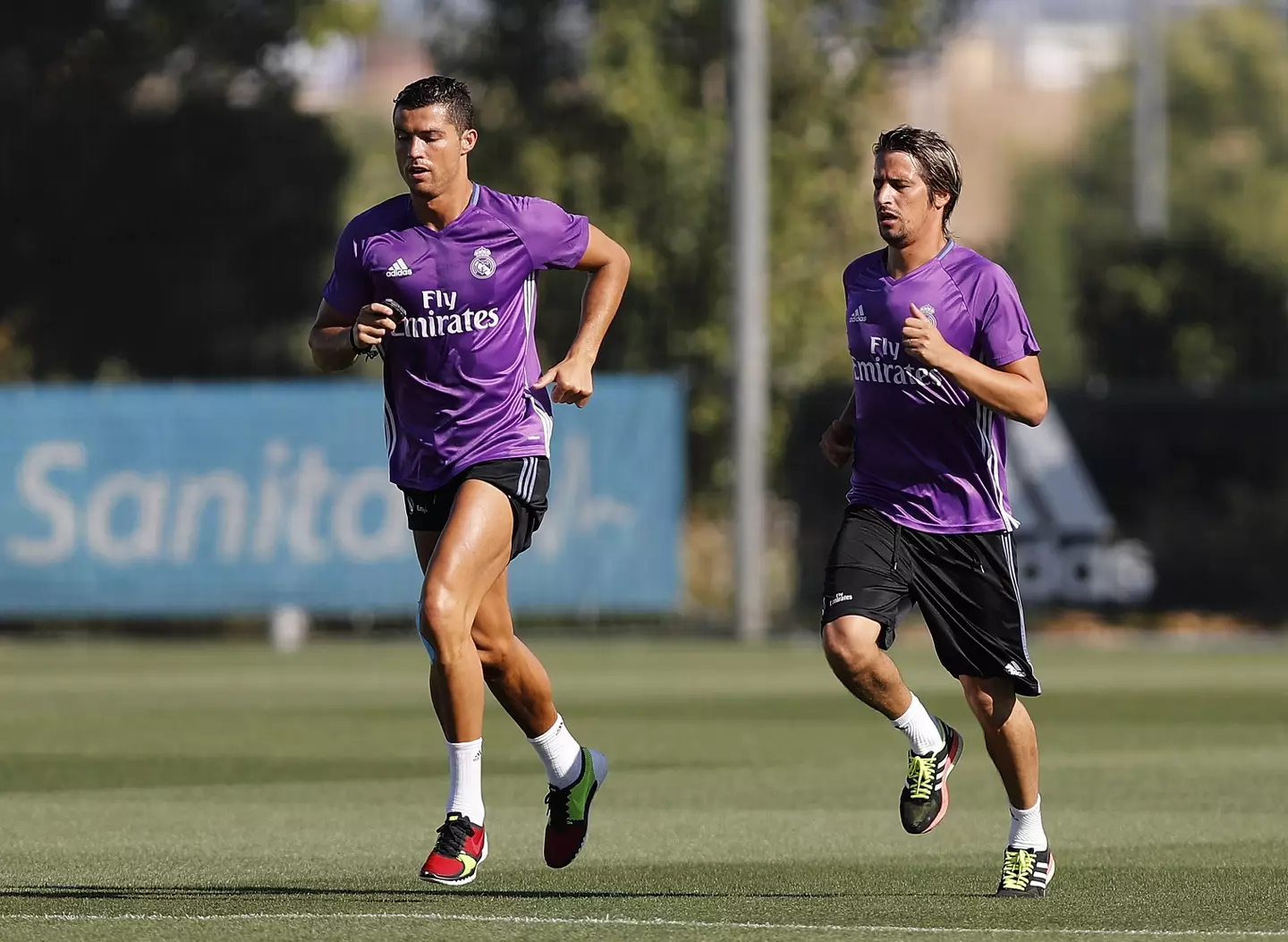 Fabio Coentrao training alongside Cristiano Ronaldo. Image: Getty