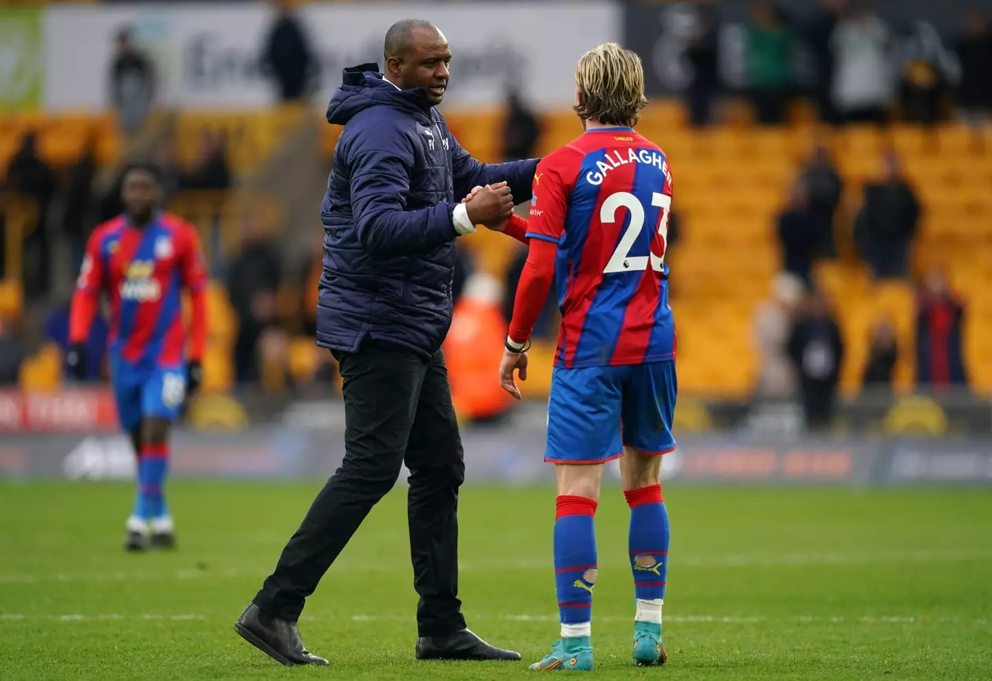 Crystal Palace manager Patrick Vieira and Conor Gallagher after the Premier League match at Molineux Stadium, Wolverhampton. (Alamy)