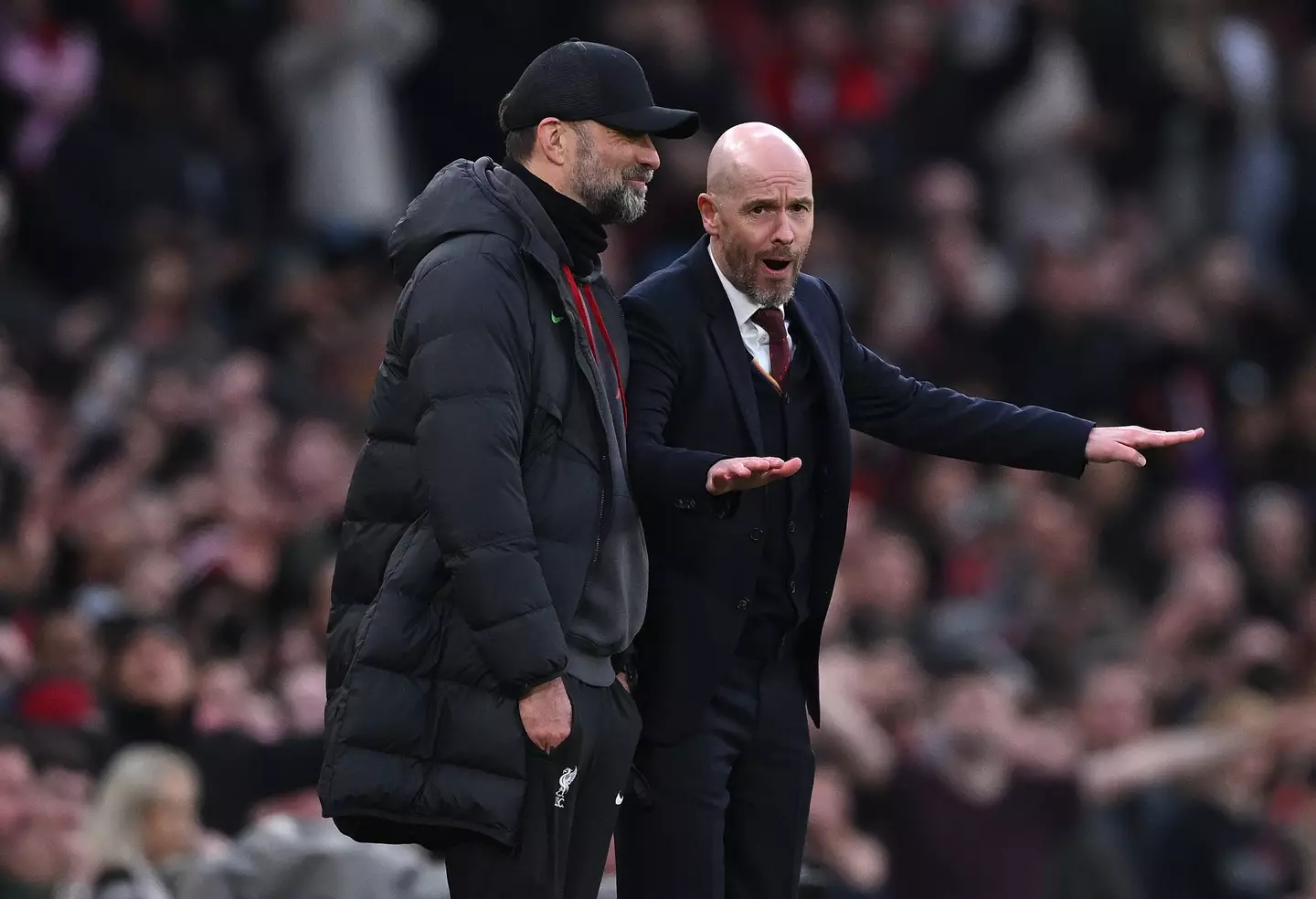 Klopp and United manager Erik ten Hag during the game. (Image