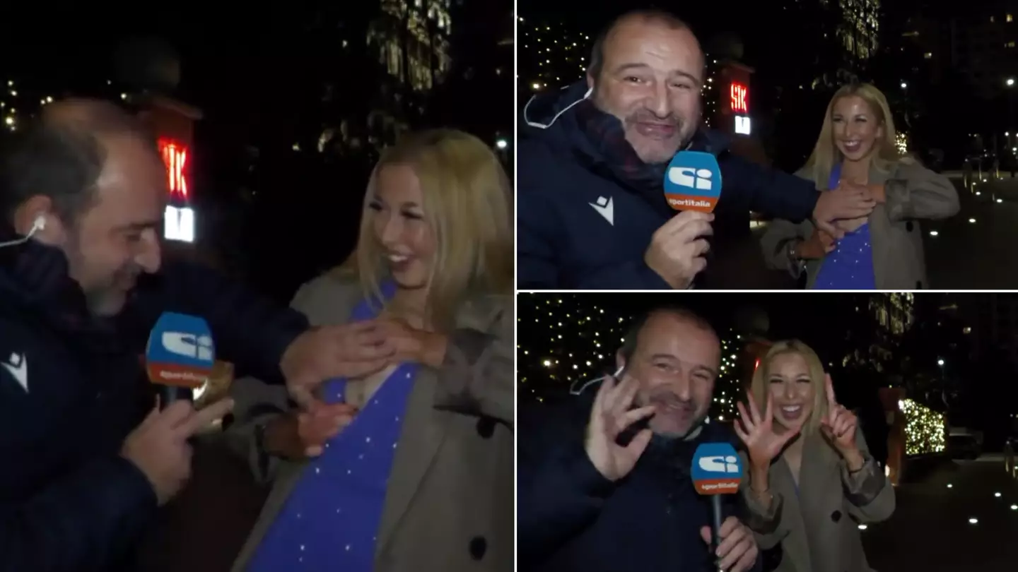 Reporter forced to cover fan's boob after she shows football tattoo in viral live TV interview