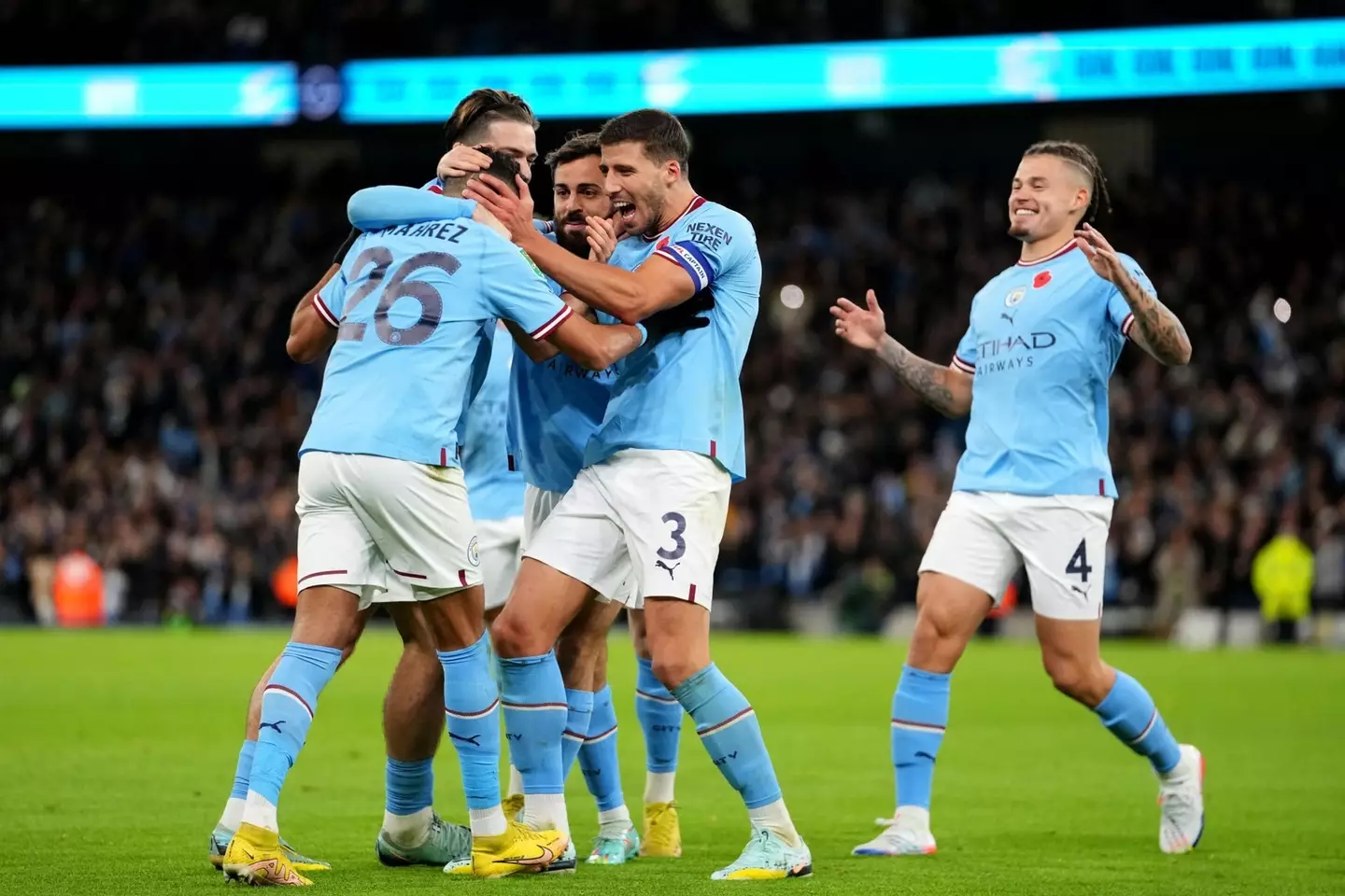 Manchester City players celebrate against Chelsea (Alamy)
