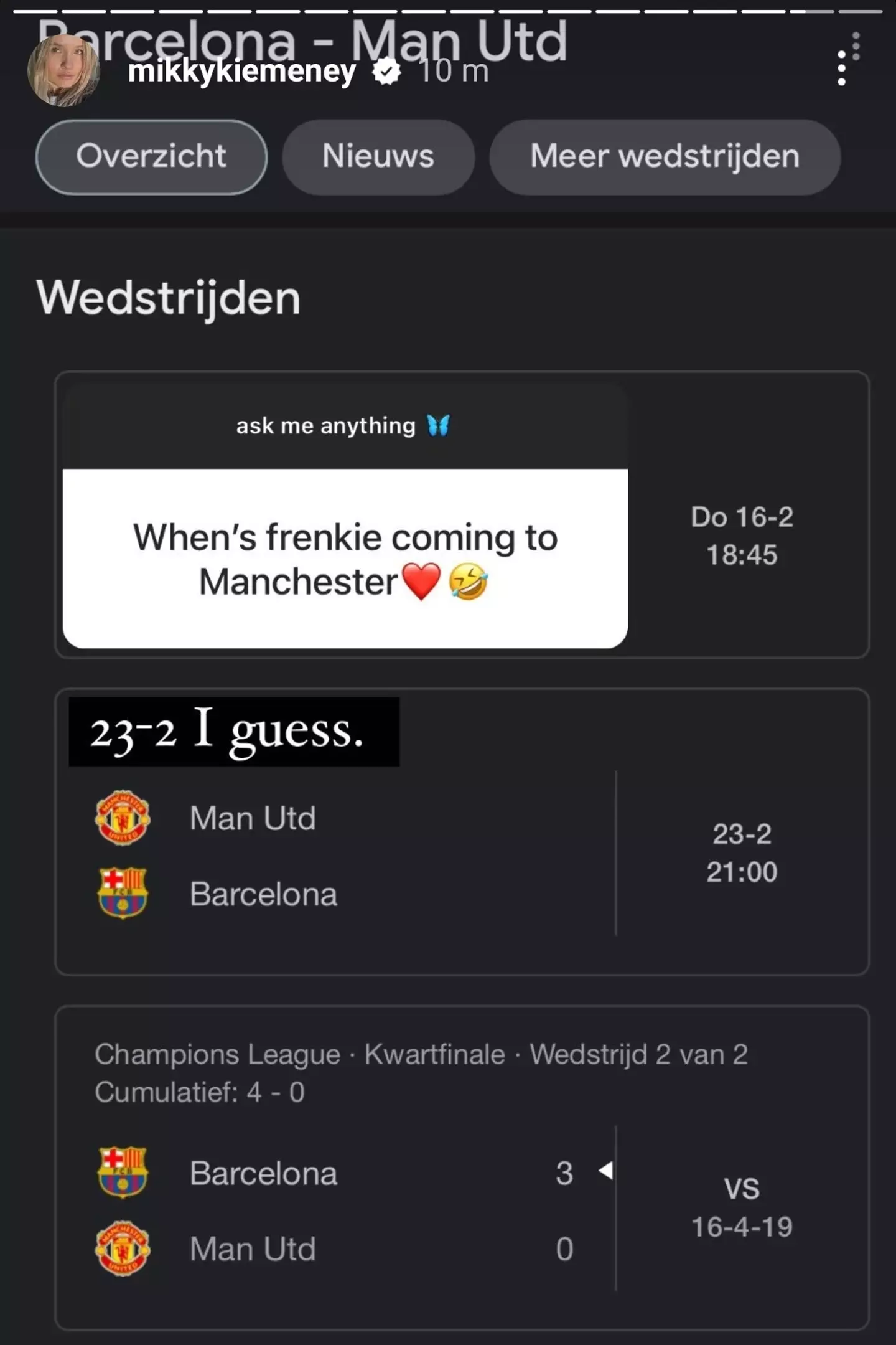 De Jong's girlfriend's message. Image: Instagram