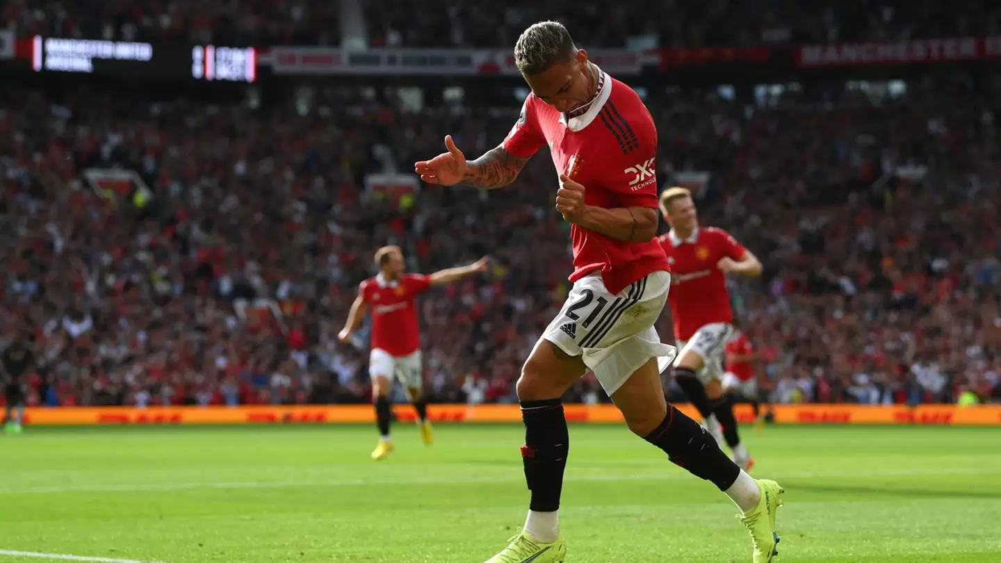 Antony scores his first goal for Manchester United against Arsenal. (Man Utd)