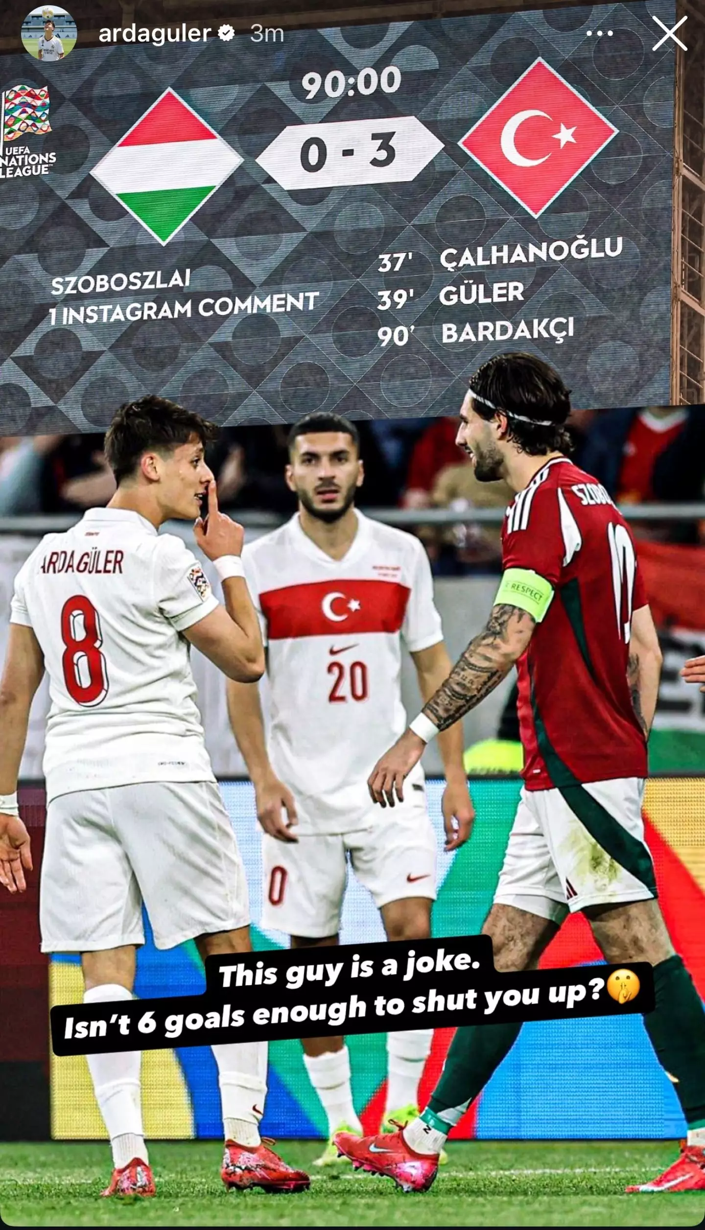 Guler has hit back at Szoboszlai. Image credit: Instagram/ardaguler