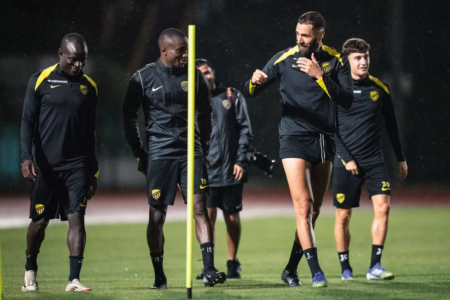 Karim Benzma, Moussa Diaby and N'Golo Kante pictured in Al Ittihad training. Image credit: Getty