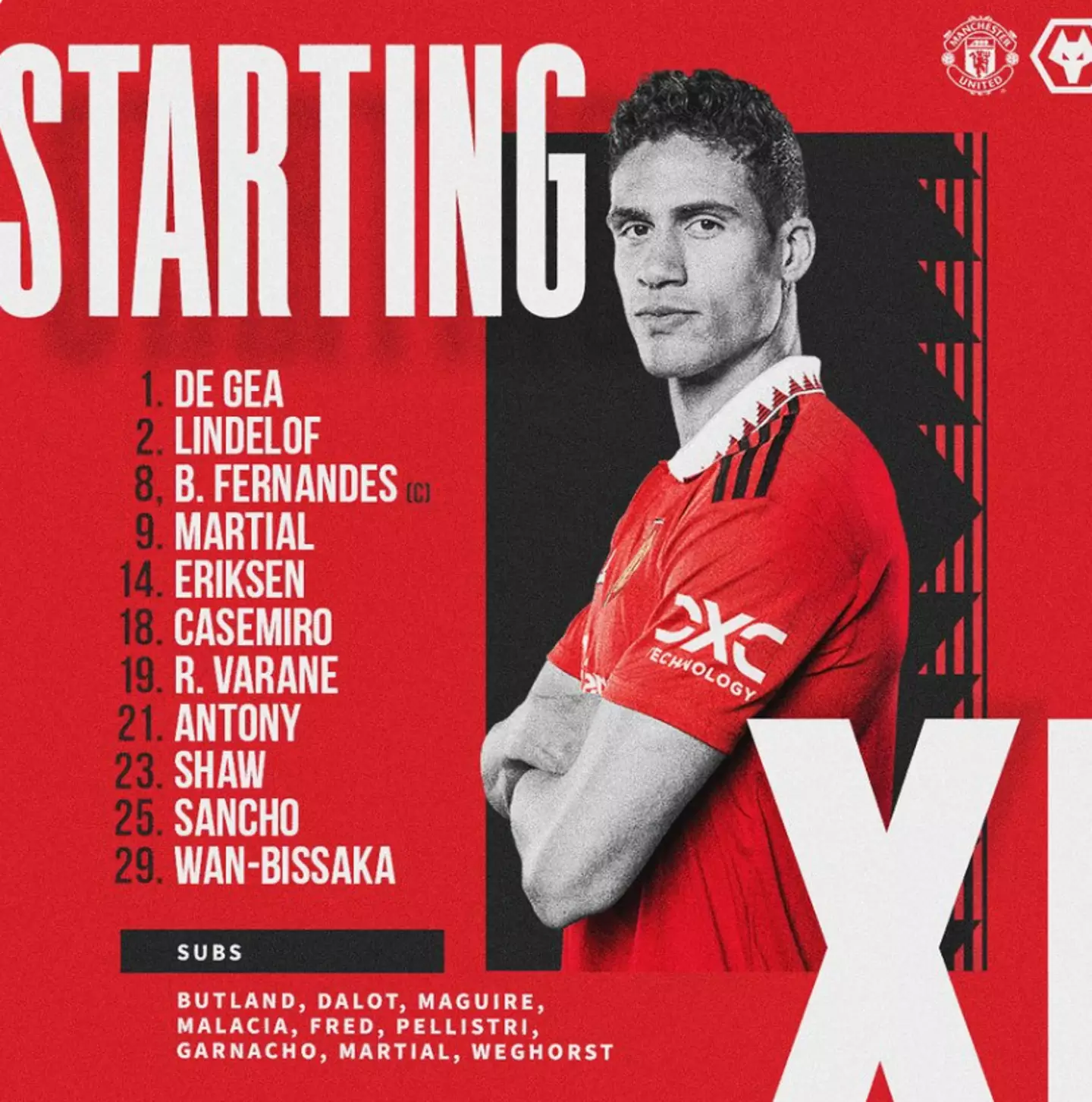 United's squad vs Wolves. Image: Twitter/MUFC