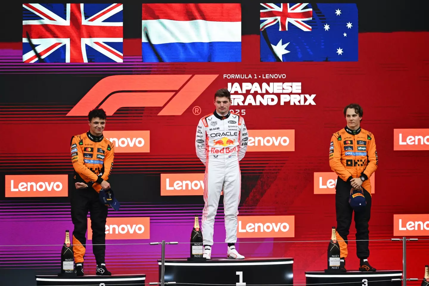 Max Verstappen won the Japanese Grand Prix ahead of Lando Norris and Oscar Piastri. Image: Getty