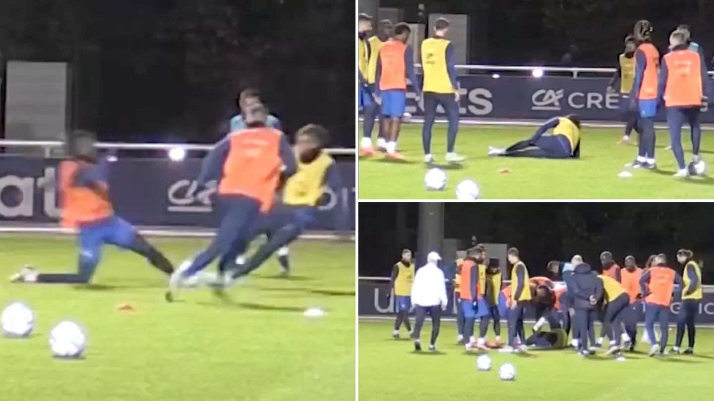 Heartbreaking footage of Christopher Nkunku getting injured in France training, he'll miss the World Cup