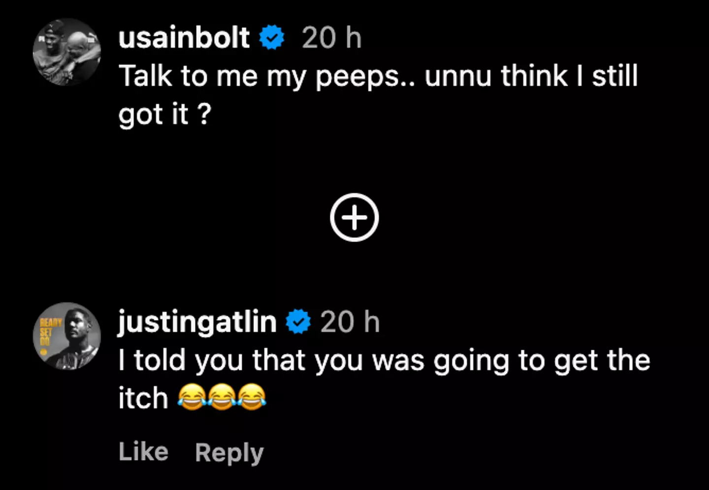 Justin Gatlin responded to Usain Bolt's latest Instagram post (Image: Instagram)
