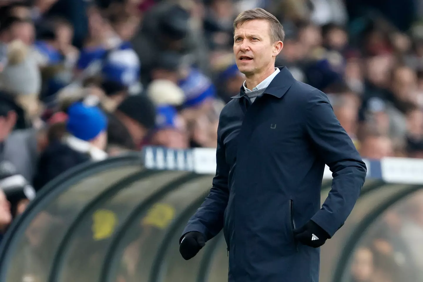 Jesse Marsch in the Leeds United dugout during his time in charge of the club. Image: Getty