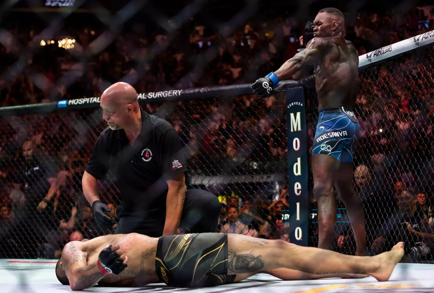 Israel Adesanya celebrates as he stands over Alex Pereira. Image: Alamy 