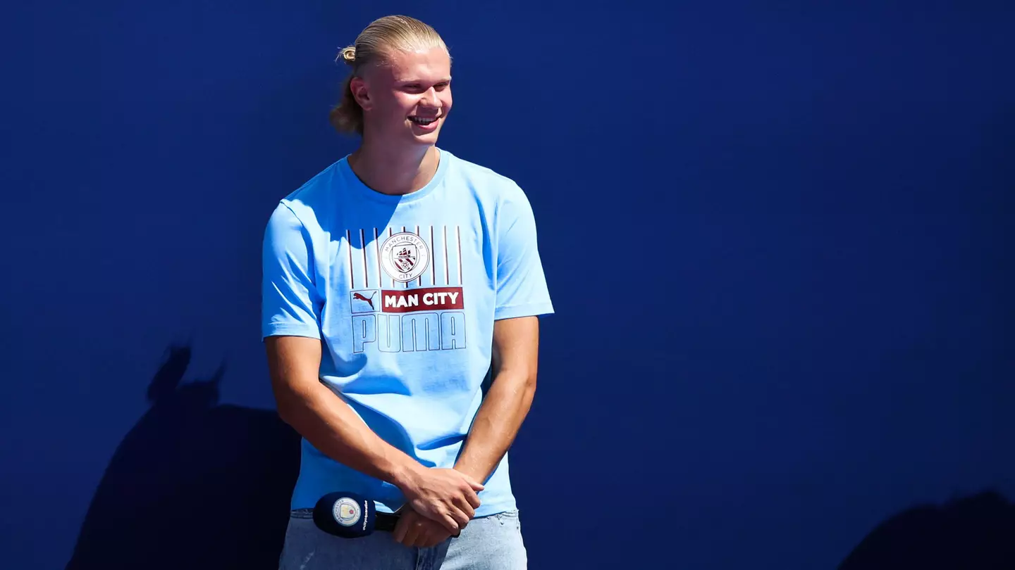 Manchester City's Erling Haaland pictured during the fans presentation of their new signings at the at the Etihad Stadium.