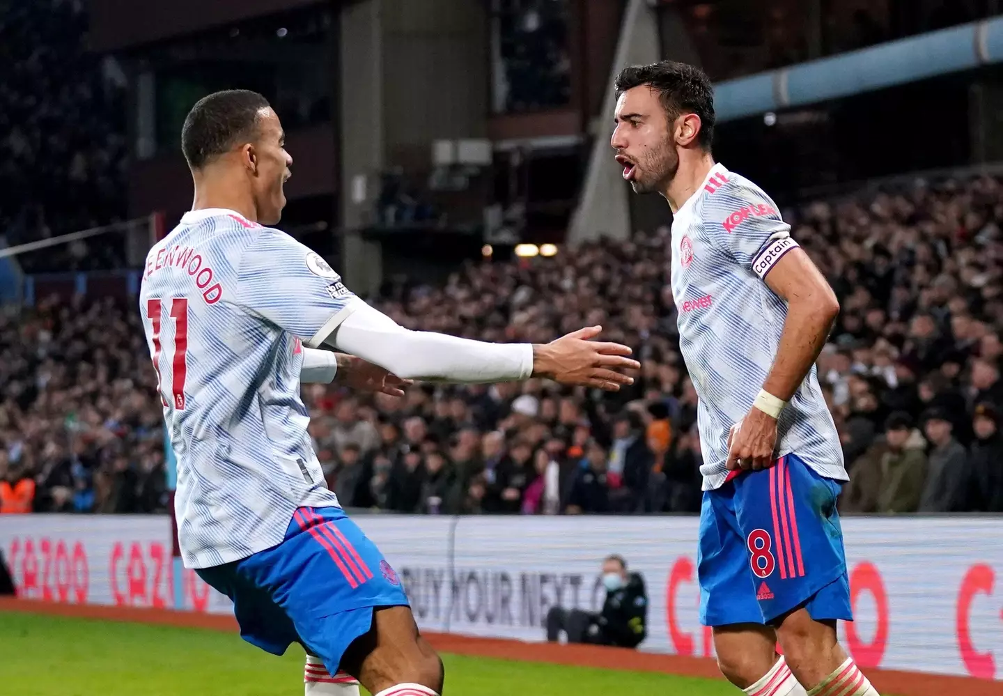 Bruno and Mason Greenwood celebrate United's second. Image: PA Images