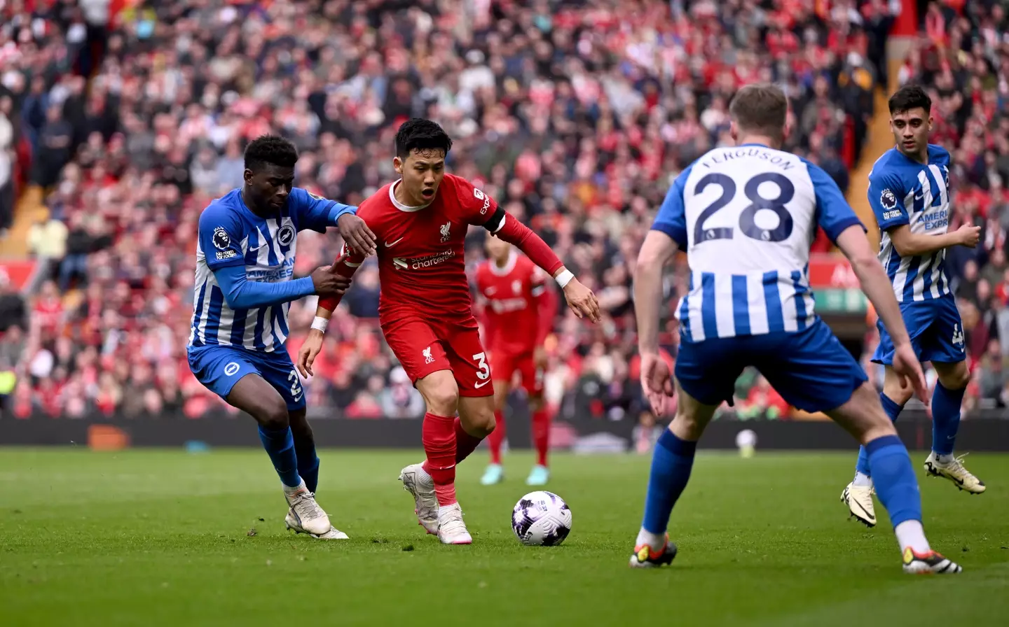 Wataru Endo in action for Liverpool against Brighton. Image: Getty