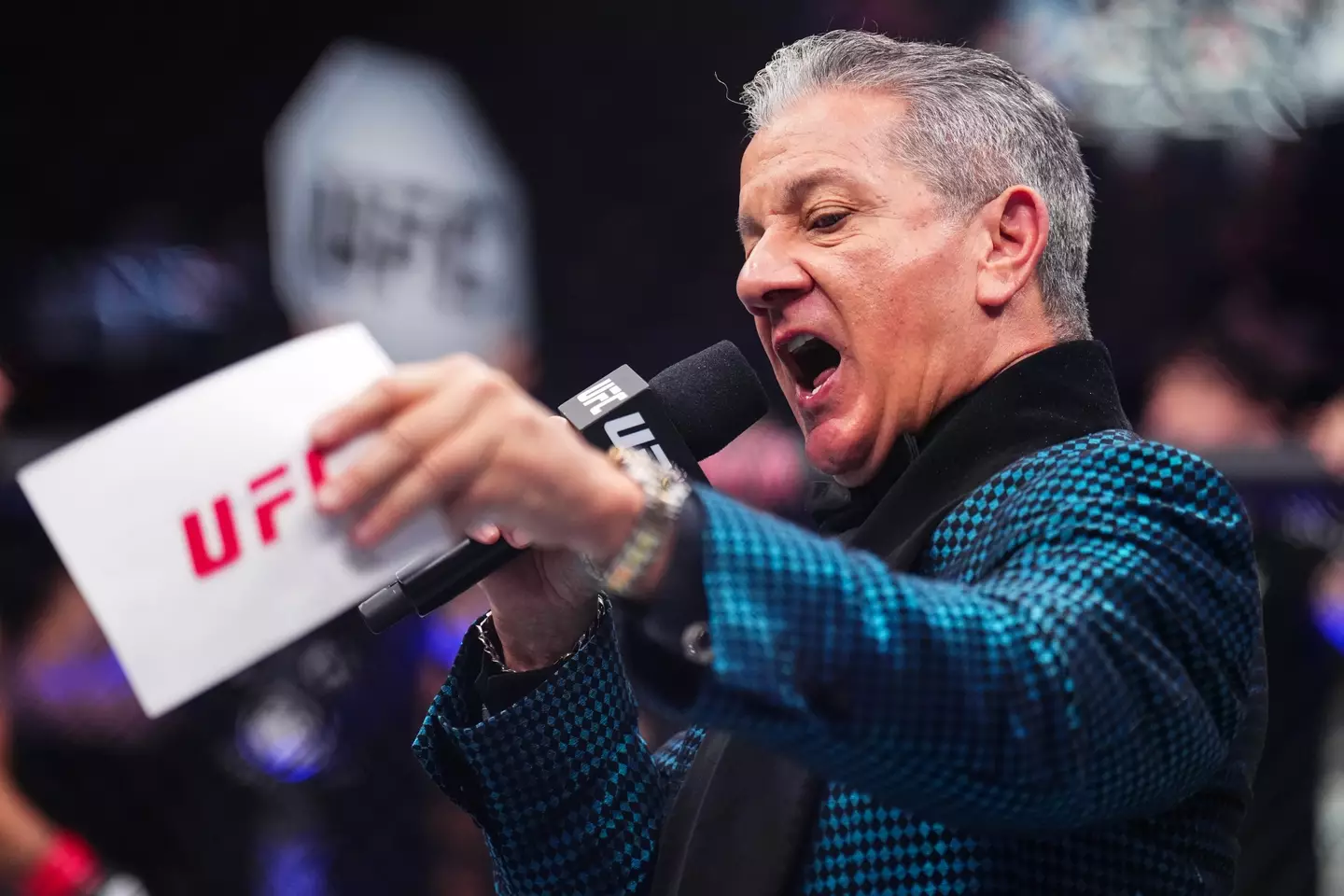 Bruce Buffer made an uncharacteristic error at the start of UFC 324. Image: Getty