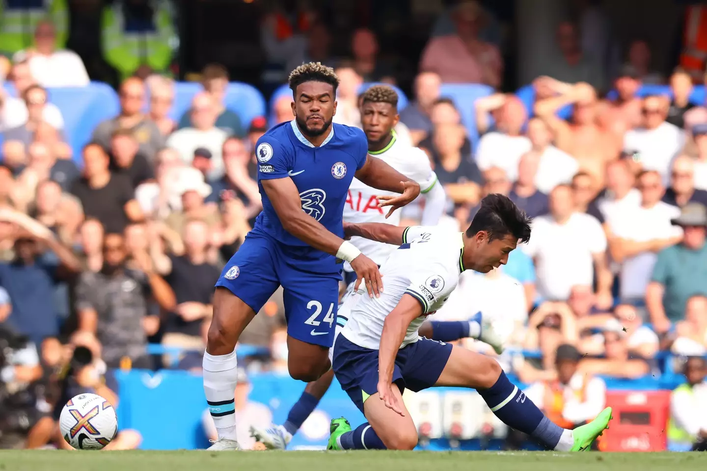 Son and Reece James contest for the ball. (Image