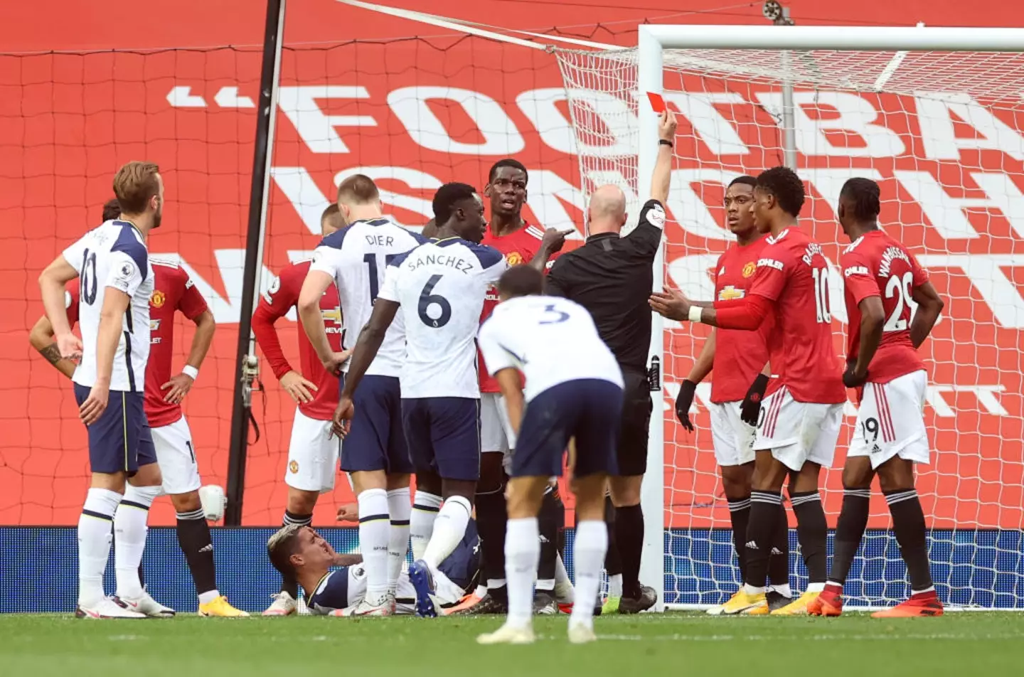 Anthony Martial was shown a red card for placing his hand on the face of Erik Lamela during Tottenham's 6-1 win over United in October 2020. (Image: Getty)