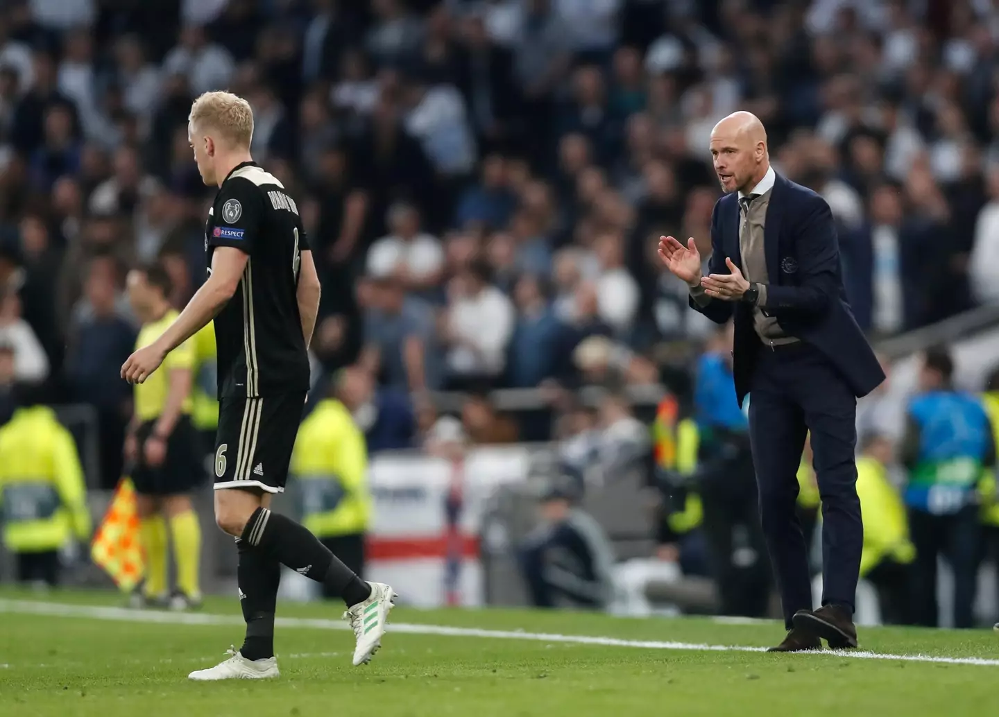 Erik ten Hag encourages his players during Ajax's 2019 Champions League campaign |