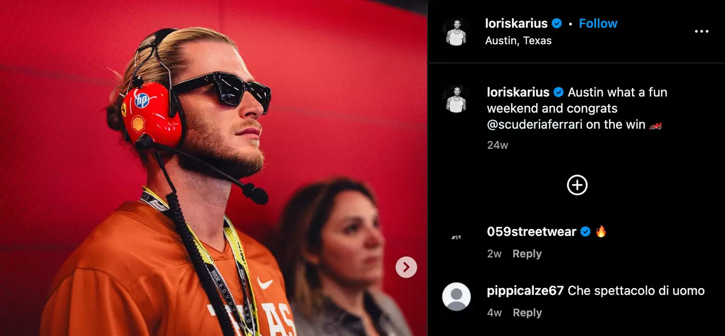 Loris Karius at the United States GP (Image: Instagram/@loriskarius)