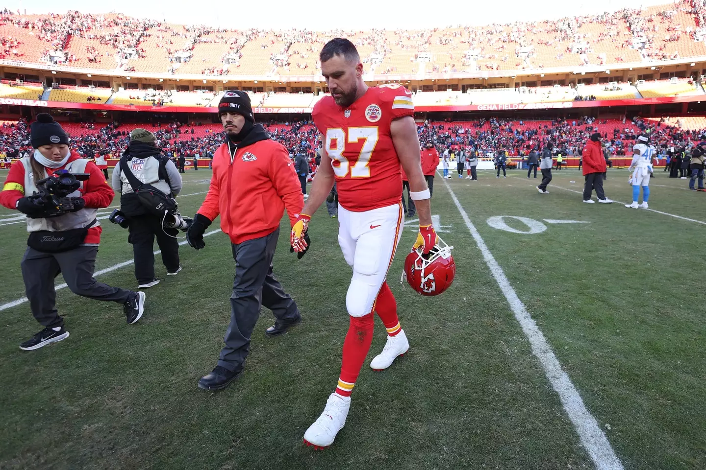 Travis Kelce leaves the field at the Arrowhead Stadium. Image: Getty