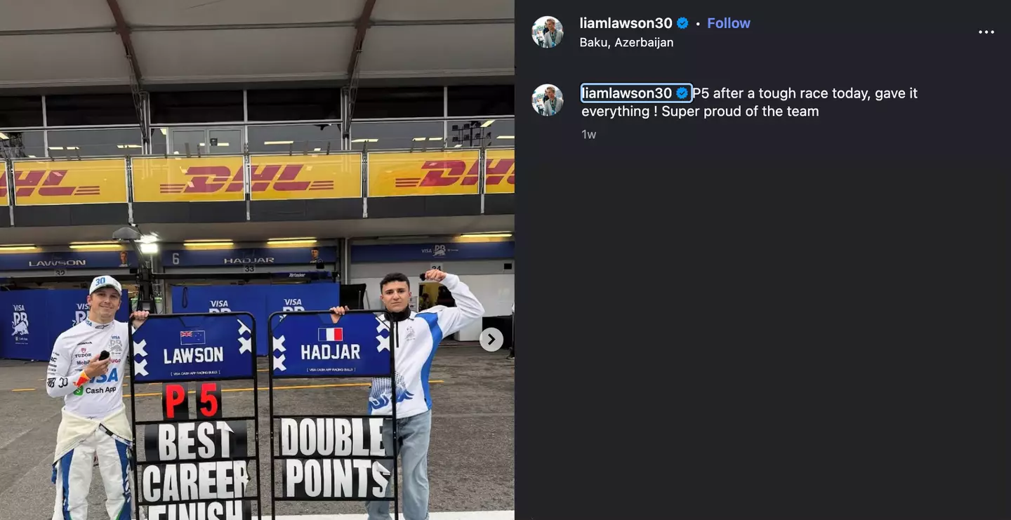 Lawson pictured with team-mate Isack Hadjar after the Azerbaijan GP (Image: Instagram/@liamlawson30)